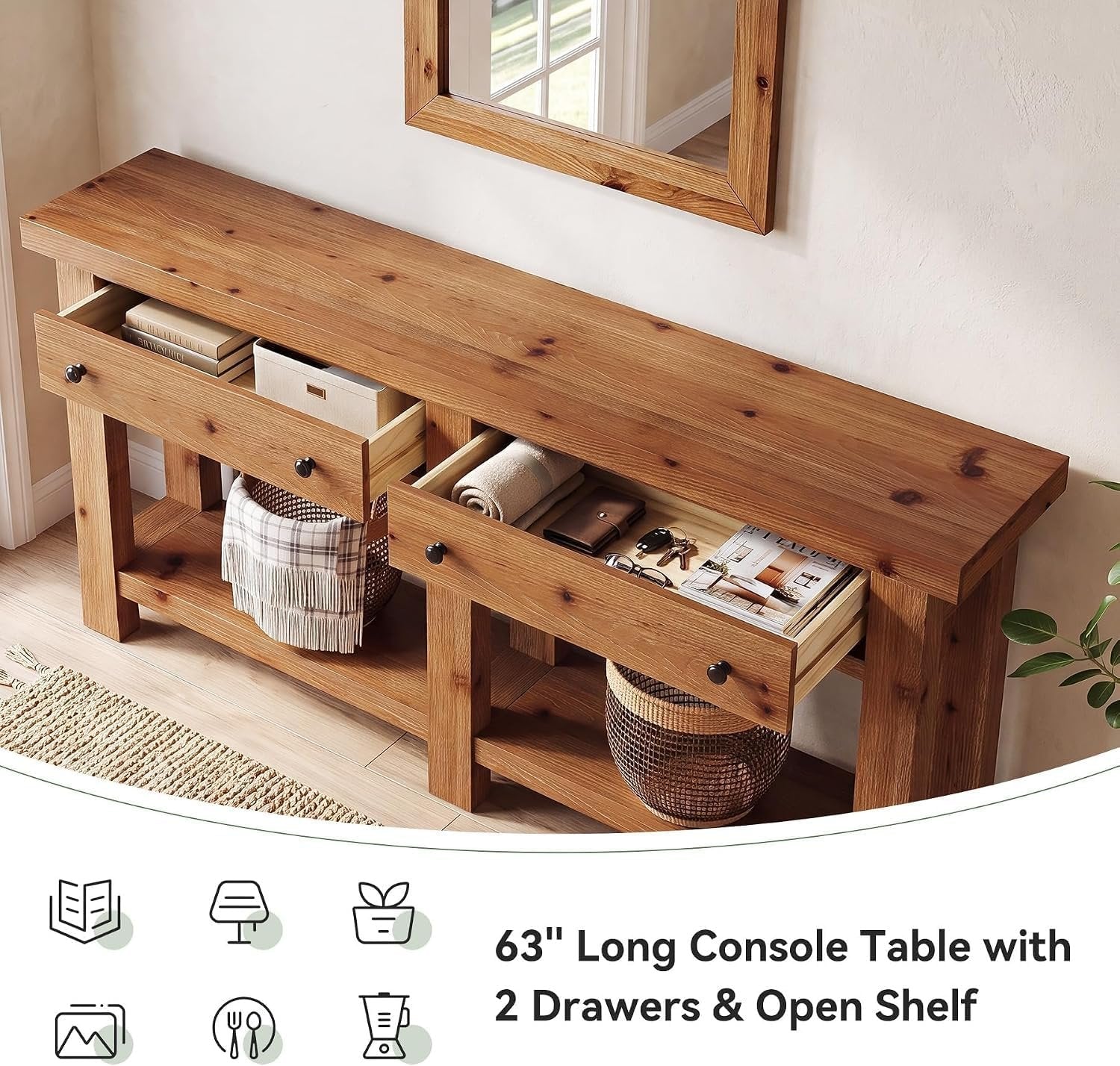 Consola de madera maciza de 160 cm de largo con dos cajones, Mesa auxiliar estrecha con estante; estilo rústico