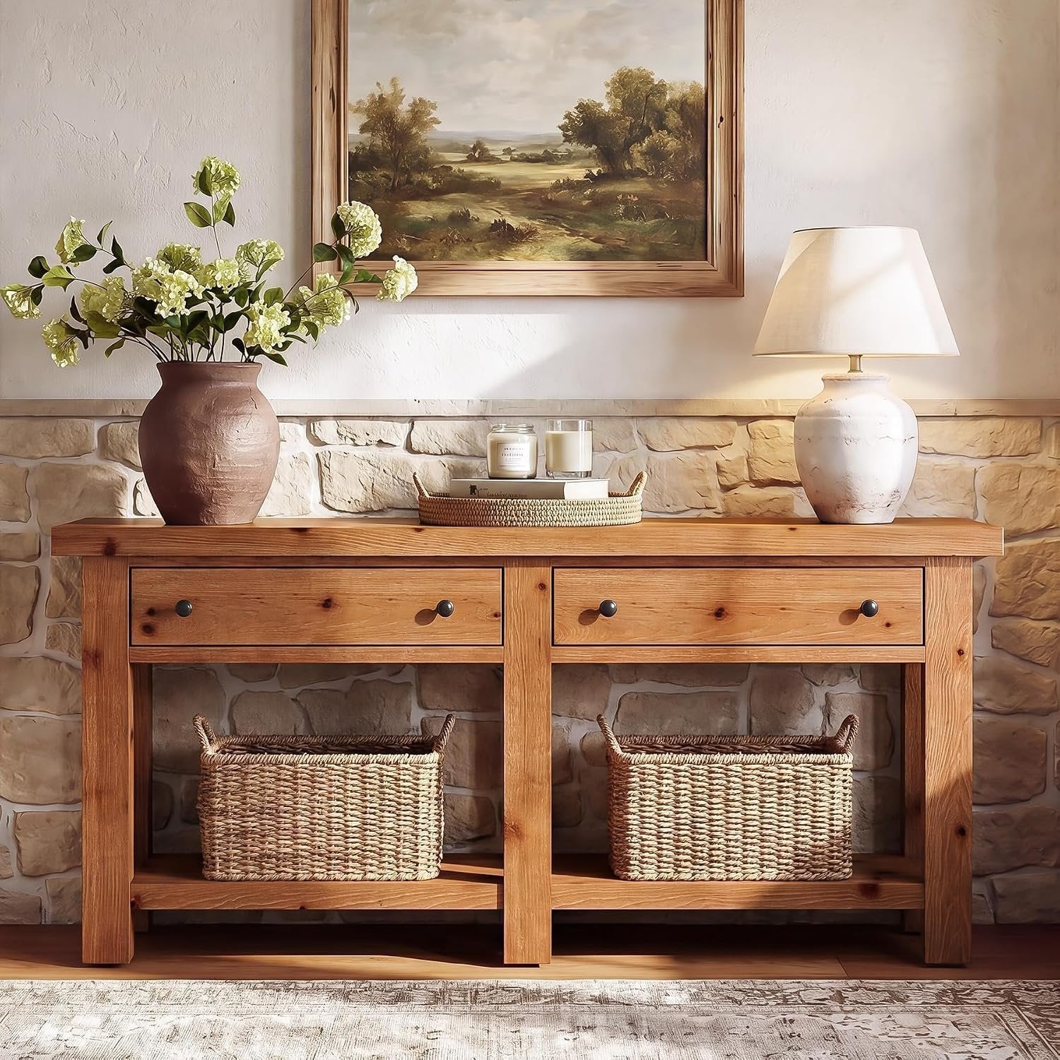 Consola de madera maciza de 160 cm de largo con dos cajones, Mesa auxiliar estrecha con estante; estilo rústico