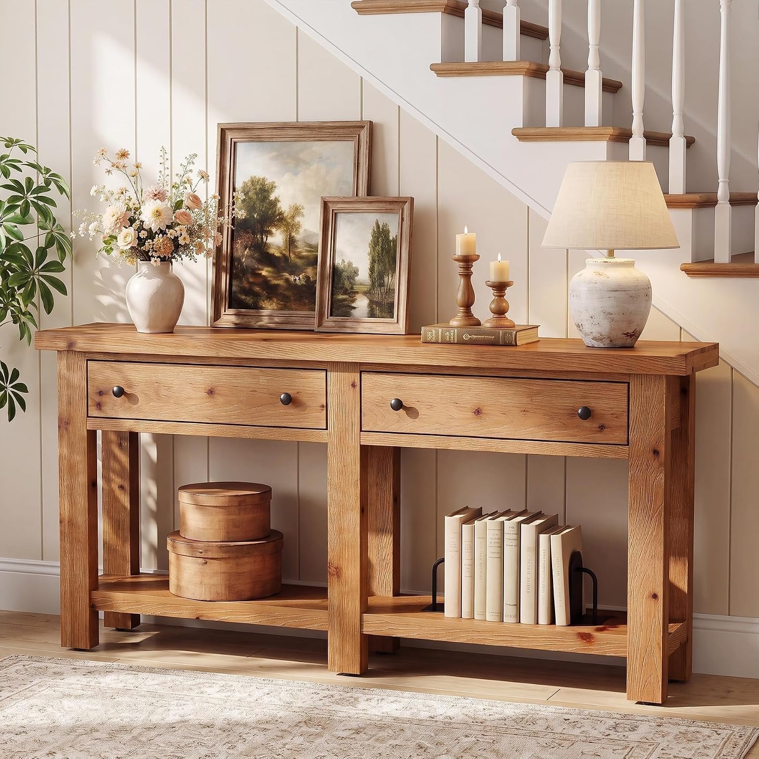 Consola de madera maciza de 160 cm de largo con dos cajones, Mesa auxiliar estrecha con estante; estilo rústico