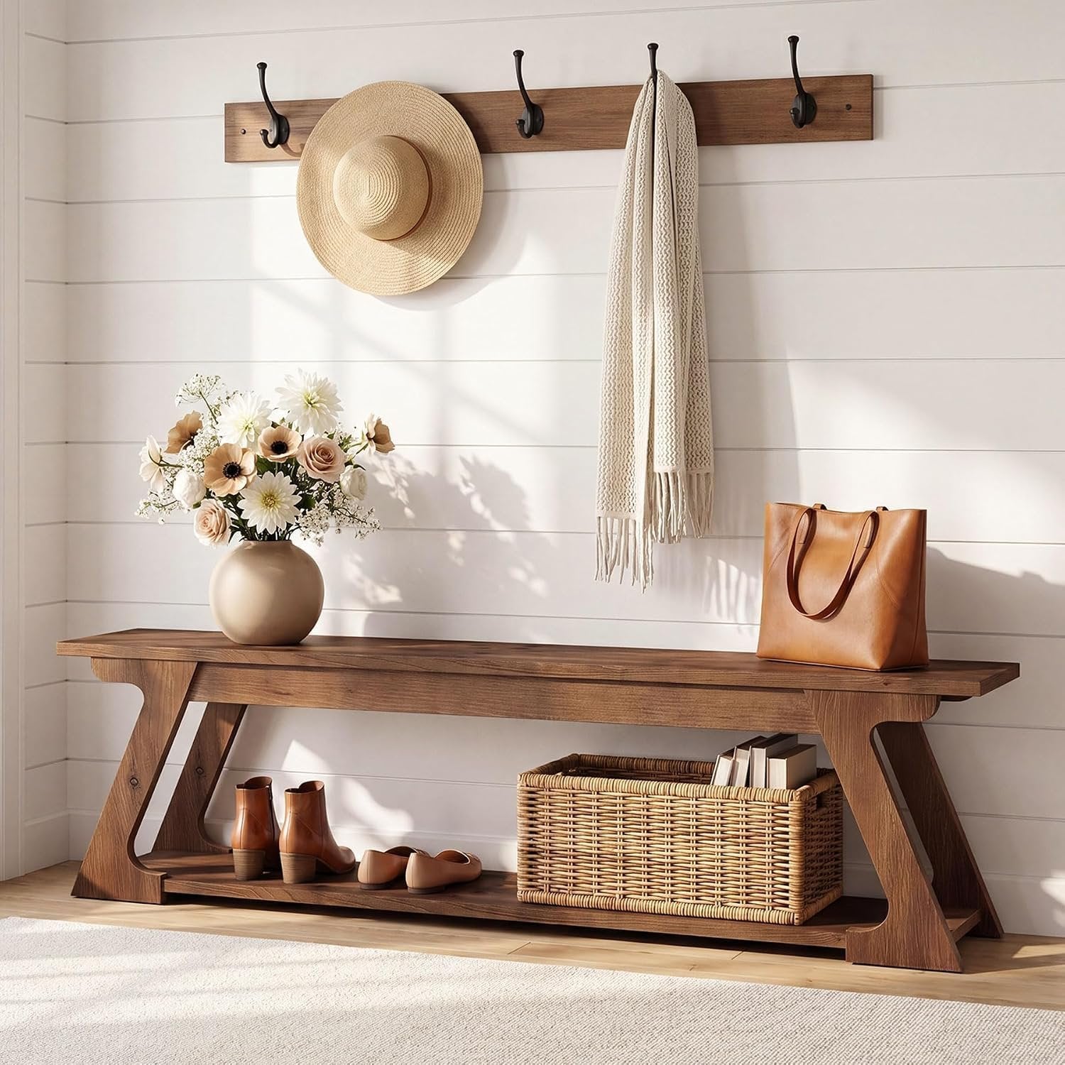 Banco de entrada de madera maciza de 150 cm de largo con compartimento de almacenamiento, Banco largo de estilo rústico para uso interior