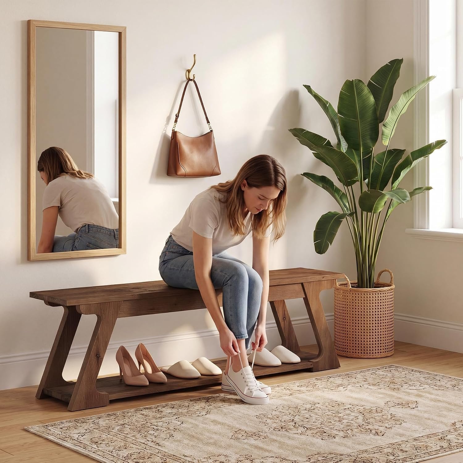 Banco de entrada de madera maciza de 150 cm de largo con compartimento de almacenamiento, Banco largo de estilo rústico para uso interior