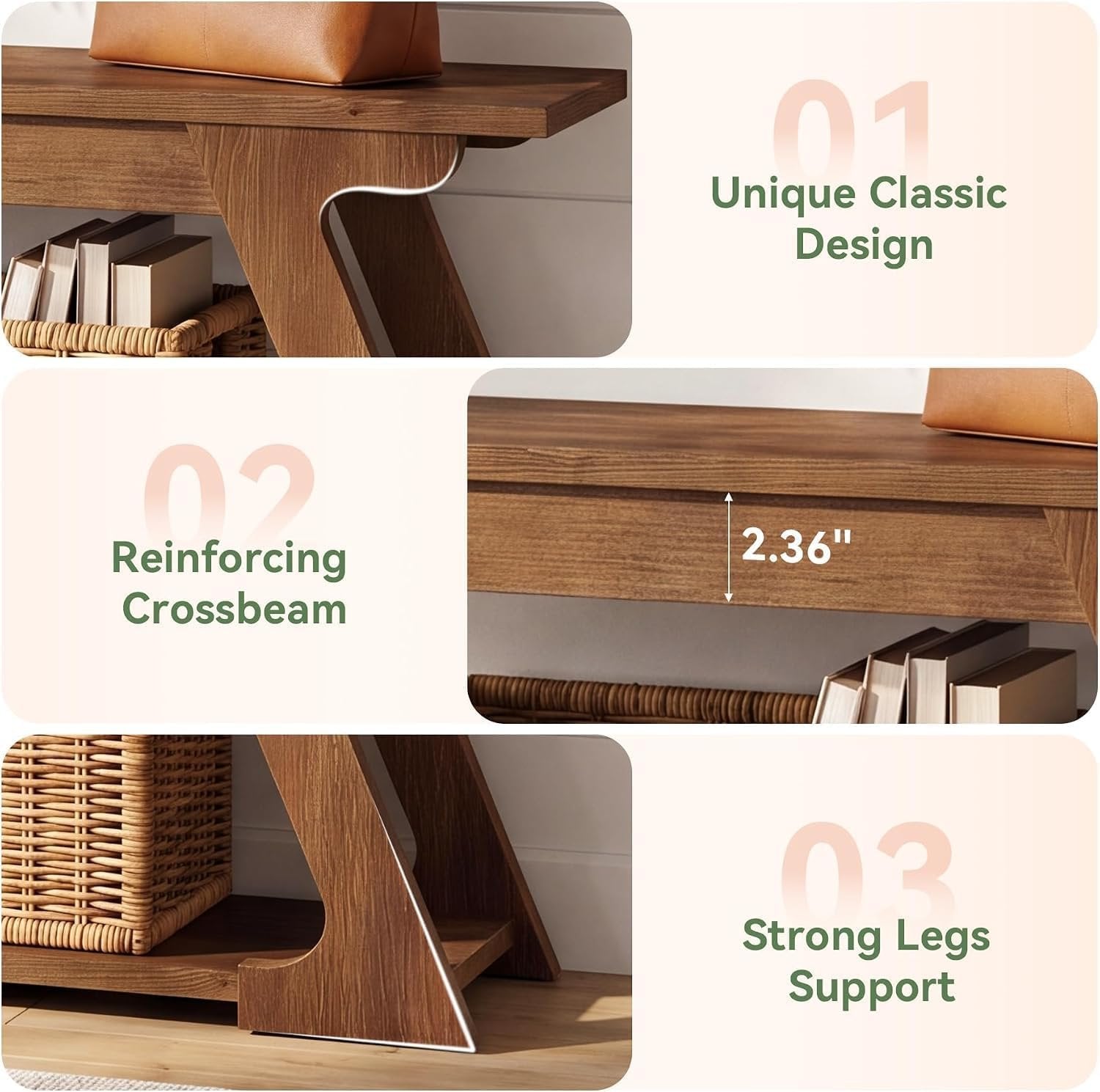 Banco de entrada de madera maciza de 150 cm de largo con compartimento de almacenamiento, Banco largo de estilo rústico para uso interior