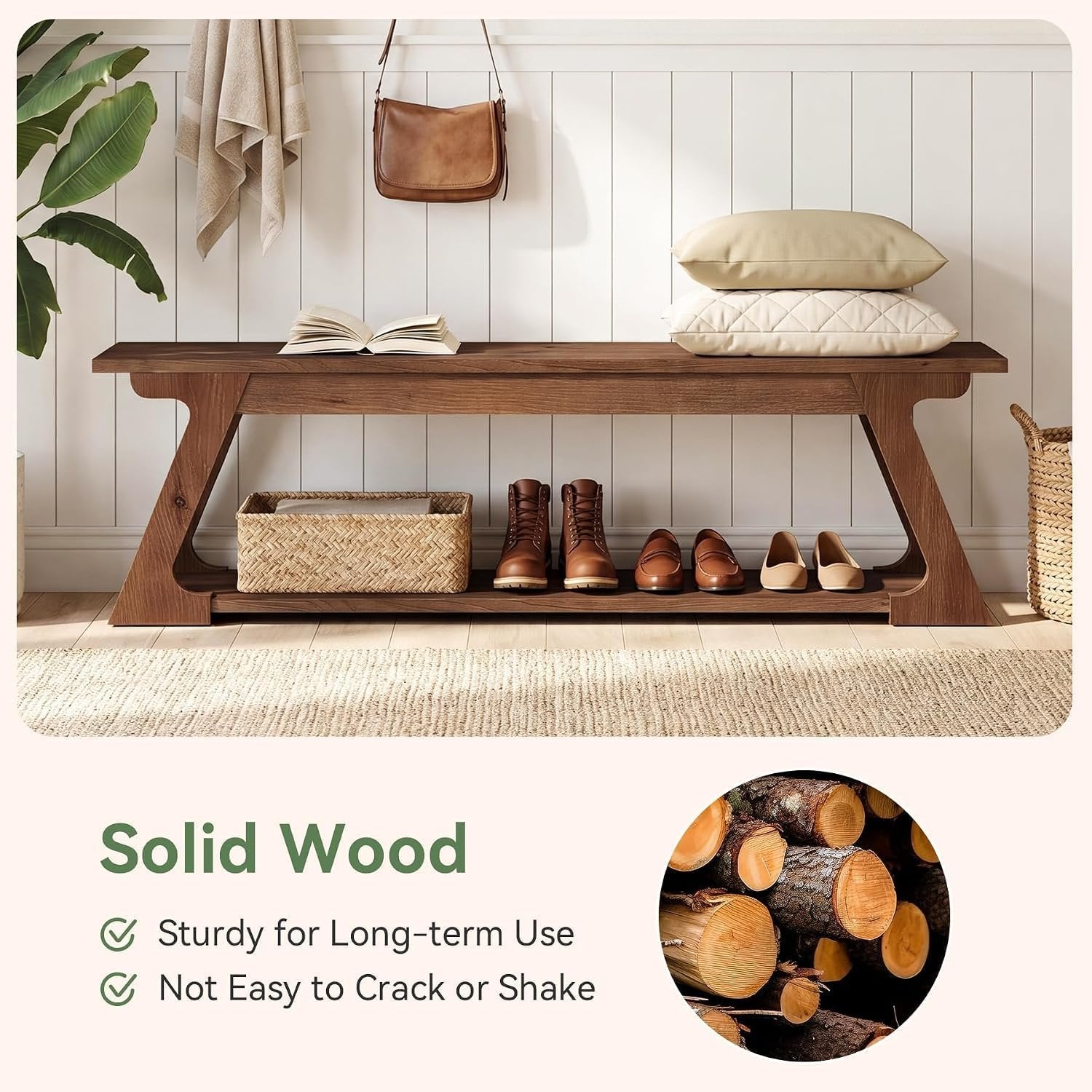 Banco de entrada de madera maciza de 150 cm de largo con compartimento de almacenamiento, Banco largo de estilo rústico para uso interior