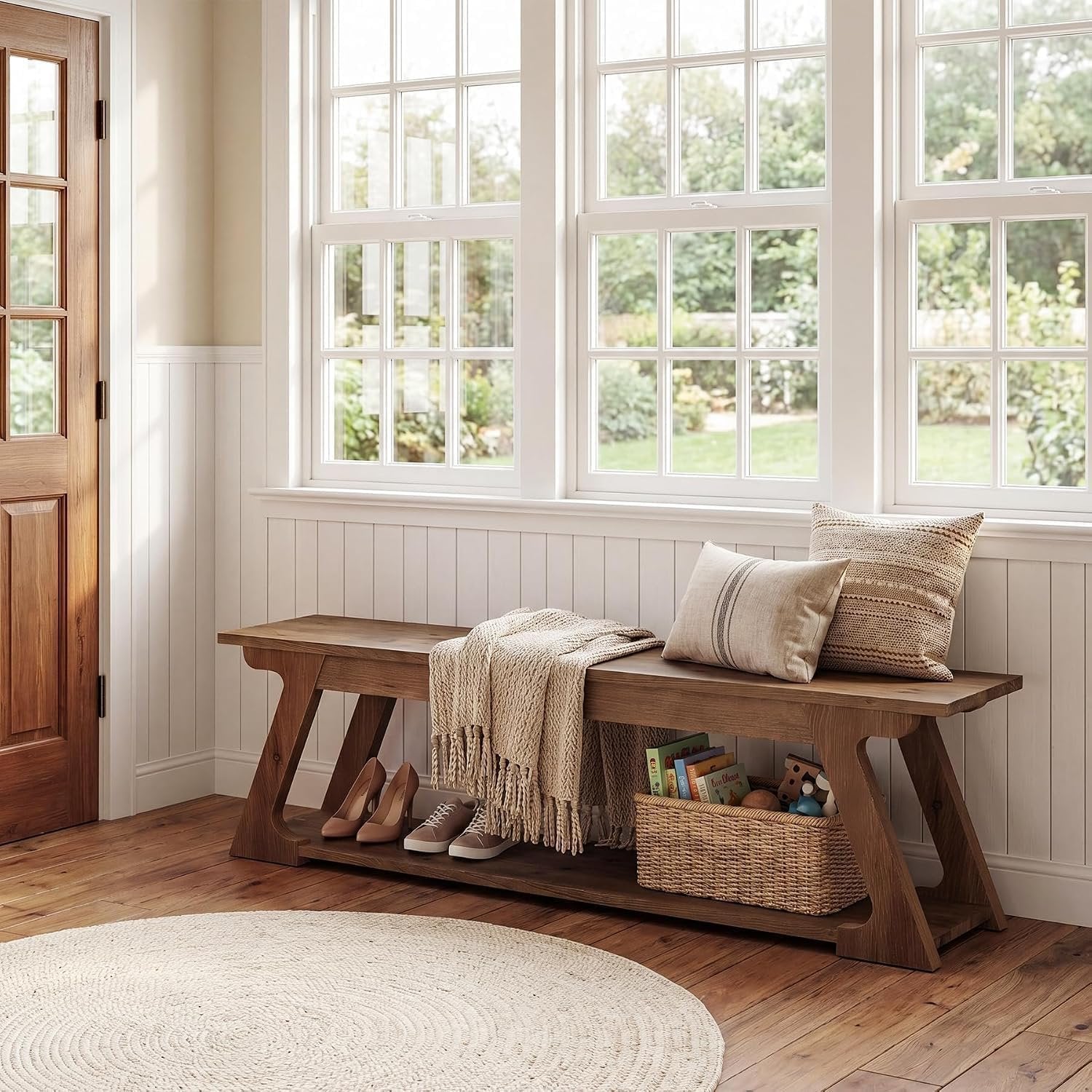 Banco de entrada de madera maciza de 150 cm de largo con compartimento de almacenamiento, Banco largo de estilo rústico para uso interior