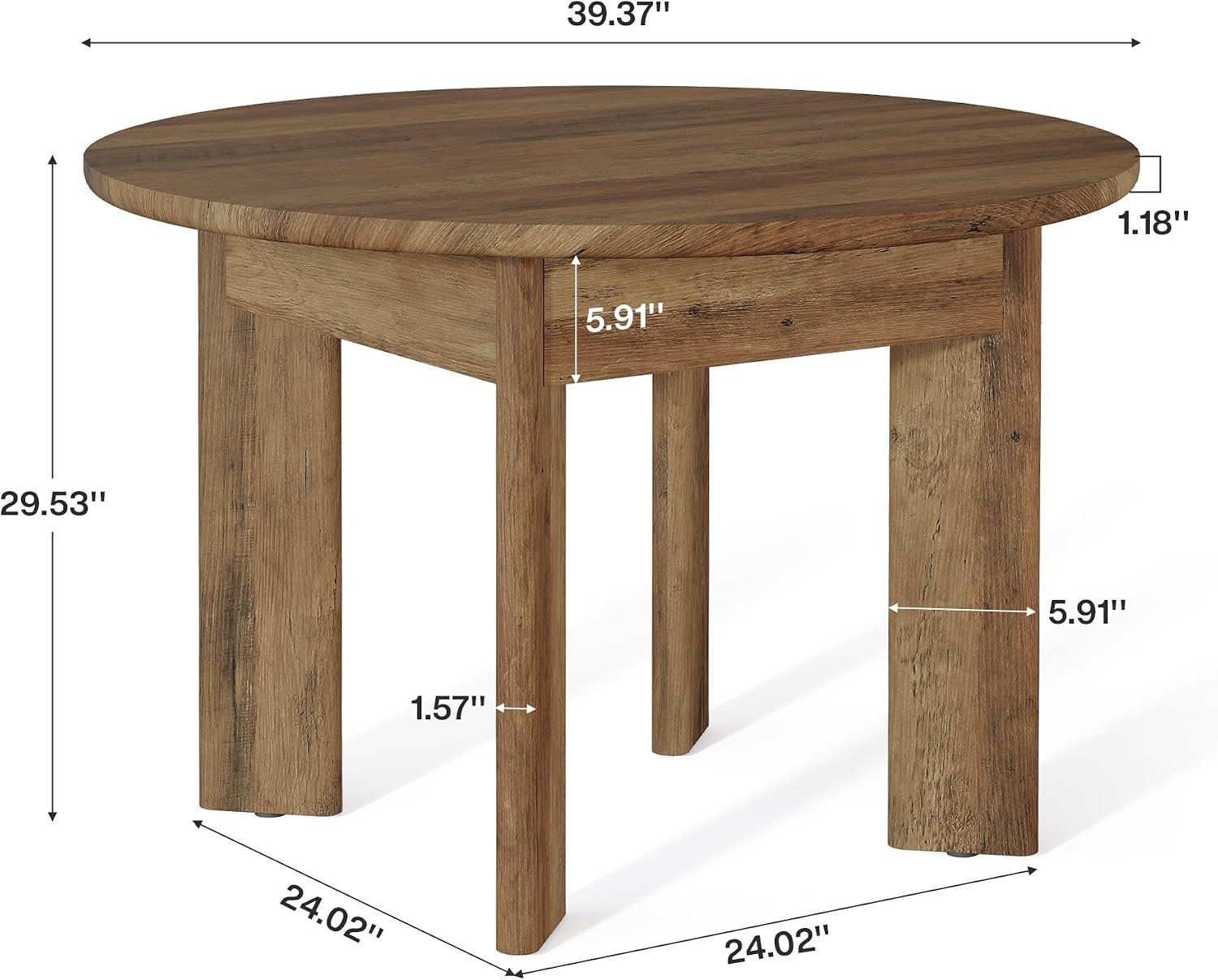 Tribesigns Mesa de comedor redonda para 4 personas, 100 cm, color marrón, Bordes redondeados, patas gruesas