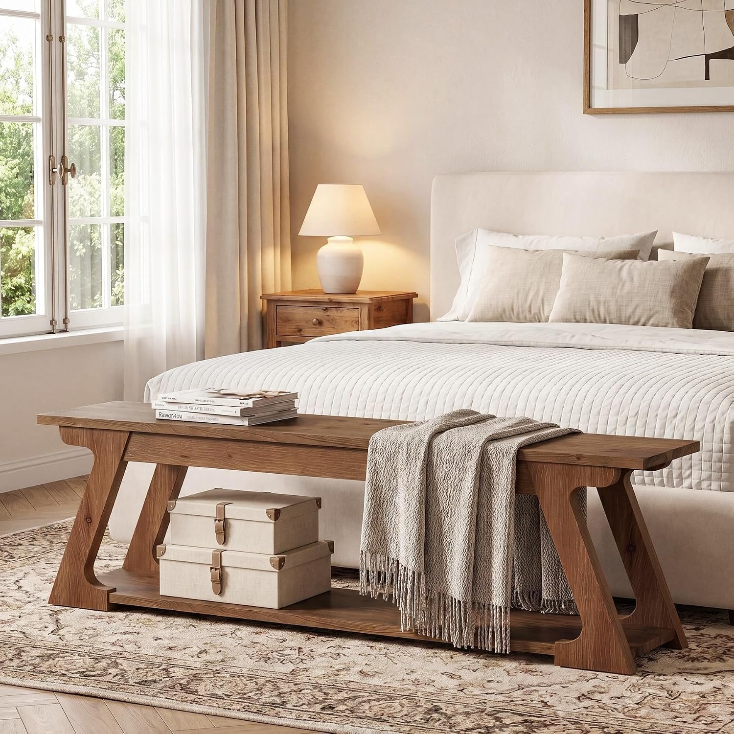Banco de cama de madera maciza de 150 cm de largo con compartimento de almacenamiento, Banco largo de madera para recibidor