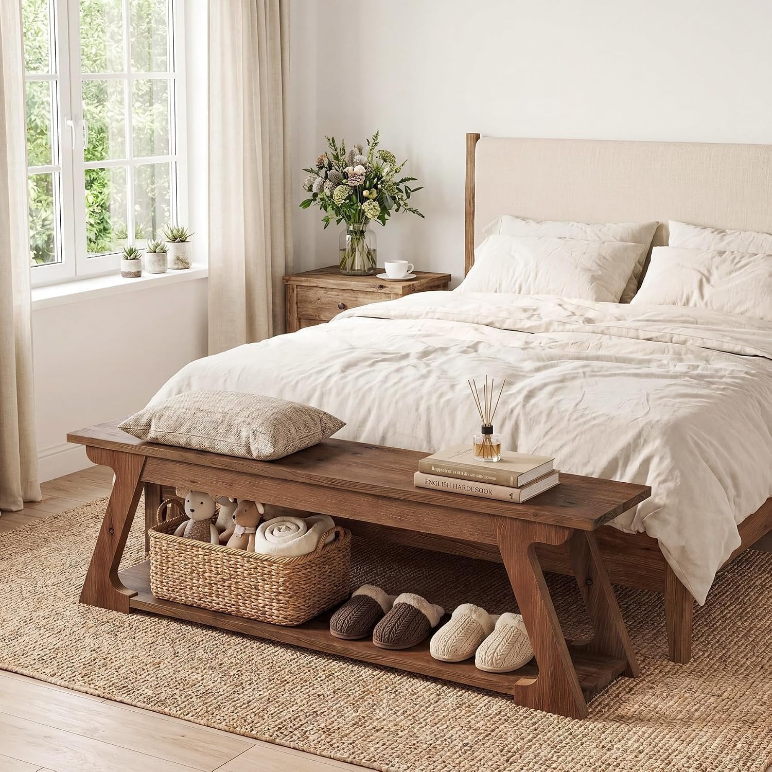 Banco de cama de madera maciza de 150 cm de largo con compartimento de almacenamiento, Banco largo de madera para recibidor