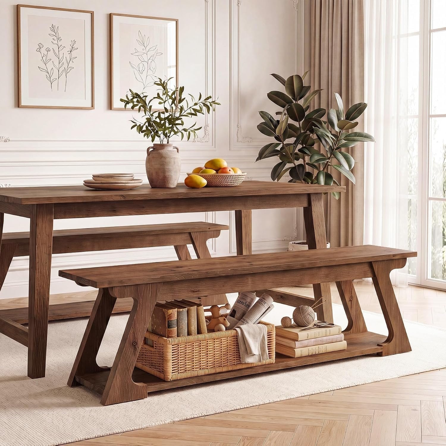 Banco de cama de madera maciza de 150 cm de largo con compartimento de almacenamiento, Banco largo de madera para recibidor
