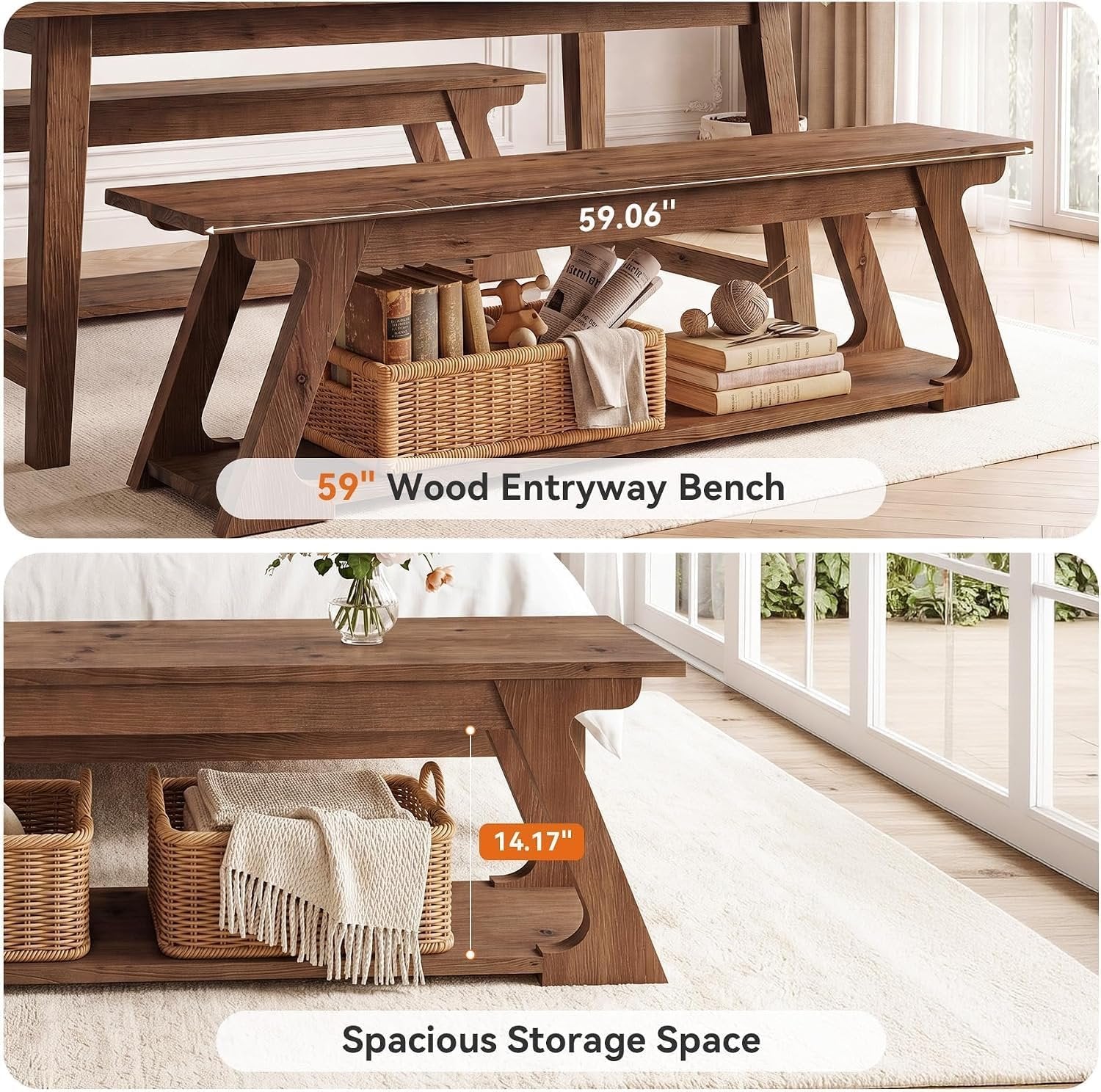 Banco de cama de madera maciza de 150 cm de largo con compartimento de almacenamiento, Banco largo de madera para recibidor