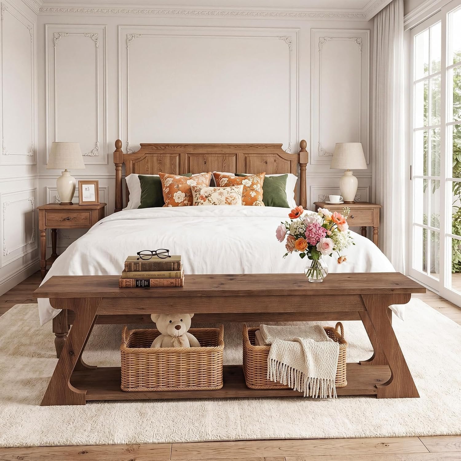 Banco de cama de madera maciza de 150 cm de largo con compartimento de almacenamiento, Banco largo de madera para recibidor