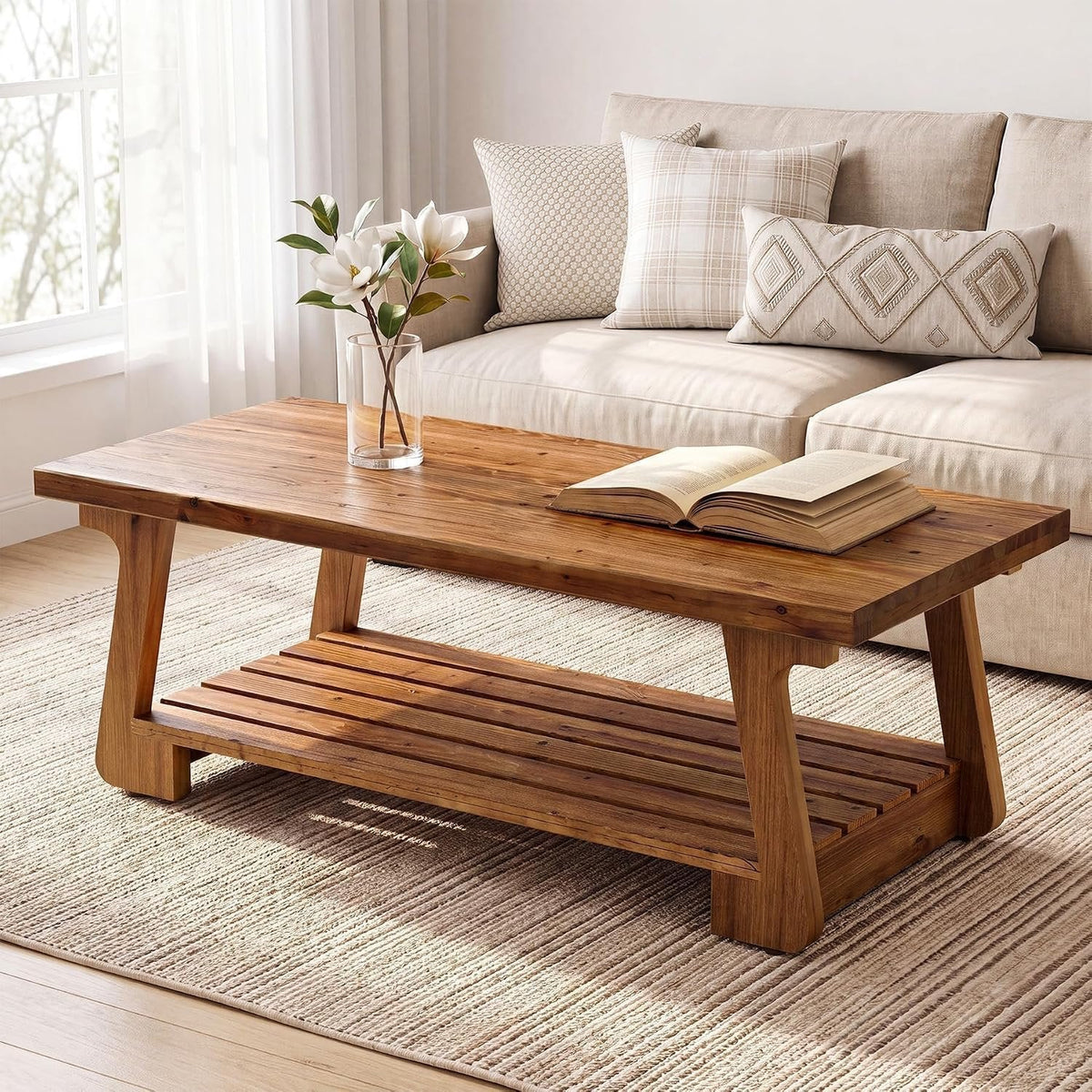 Tribesigns Mesa de centro de madera maciza con 2 niveles, Mesa de salón de estilo rústico
