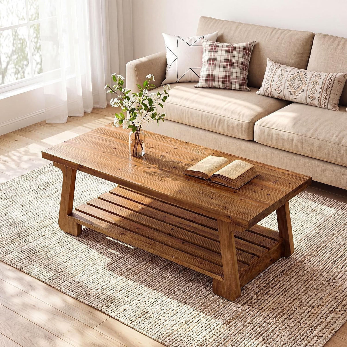 Tribesigns Mesa de centro de madera maciza con 2 niveles, Mesa de salón de estilo rústico