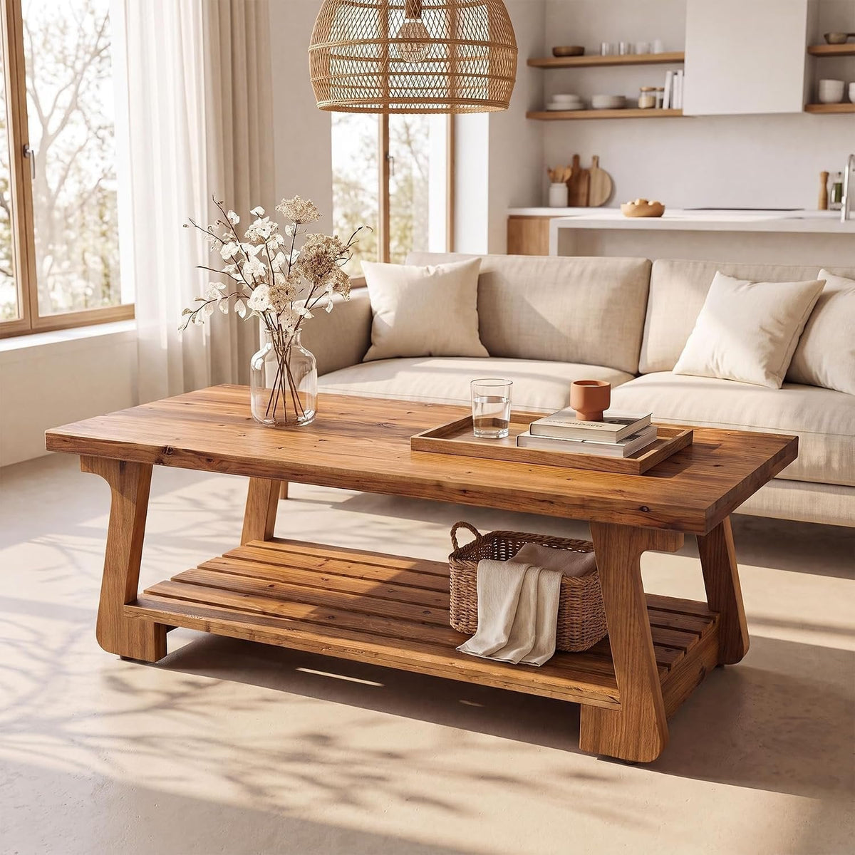 Tribesigns Mesa de centro de madera maciza con 2 niveles, Mesa de salón de estilo rústico