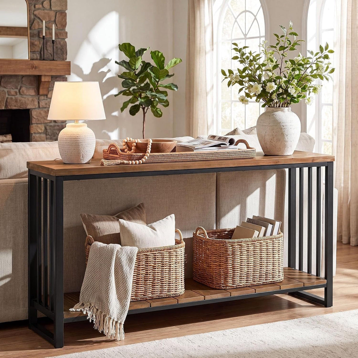 Tribesigns Mesa consola de madera maciza de 140 cm, Mesa estrecha para recibidor de estilo rústico con estante