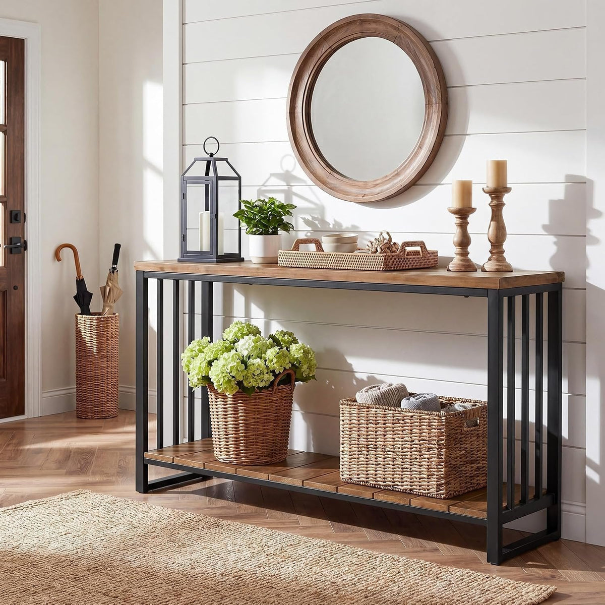 Tribesigns Mesa consola de madera maciza de 140 cm, Mesa estrecha para recibidor de estilo rústico con estante