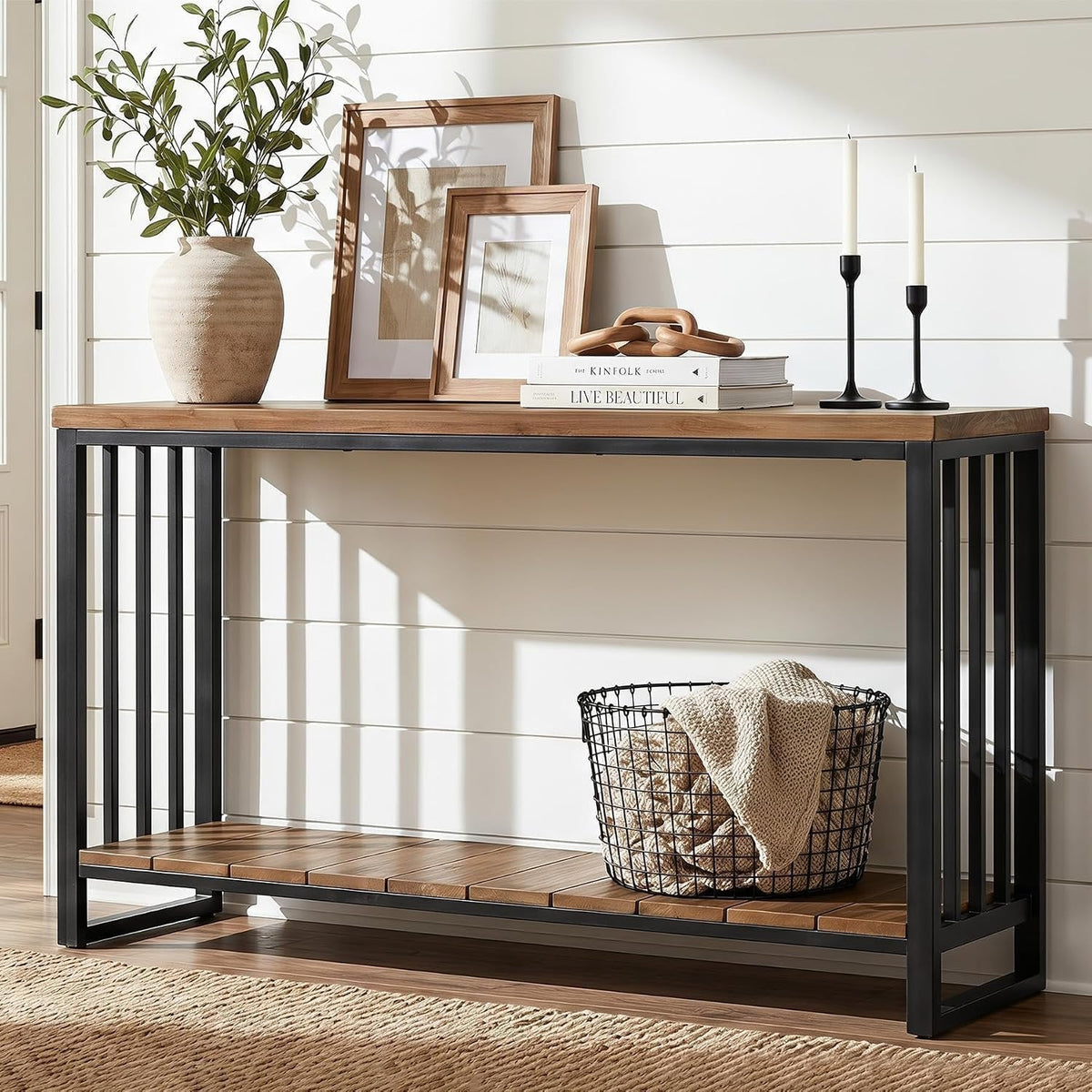 Tribesigns Mesa consola de madera maciza de 140 cm, Mesa estrecha para recibidor de estilo rústico con estante