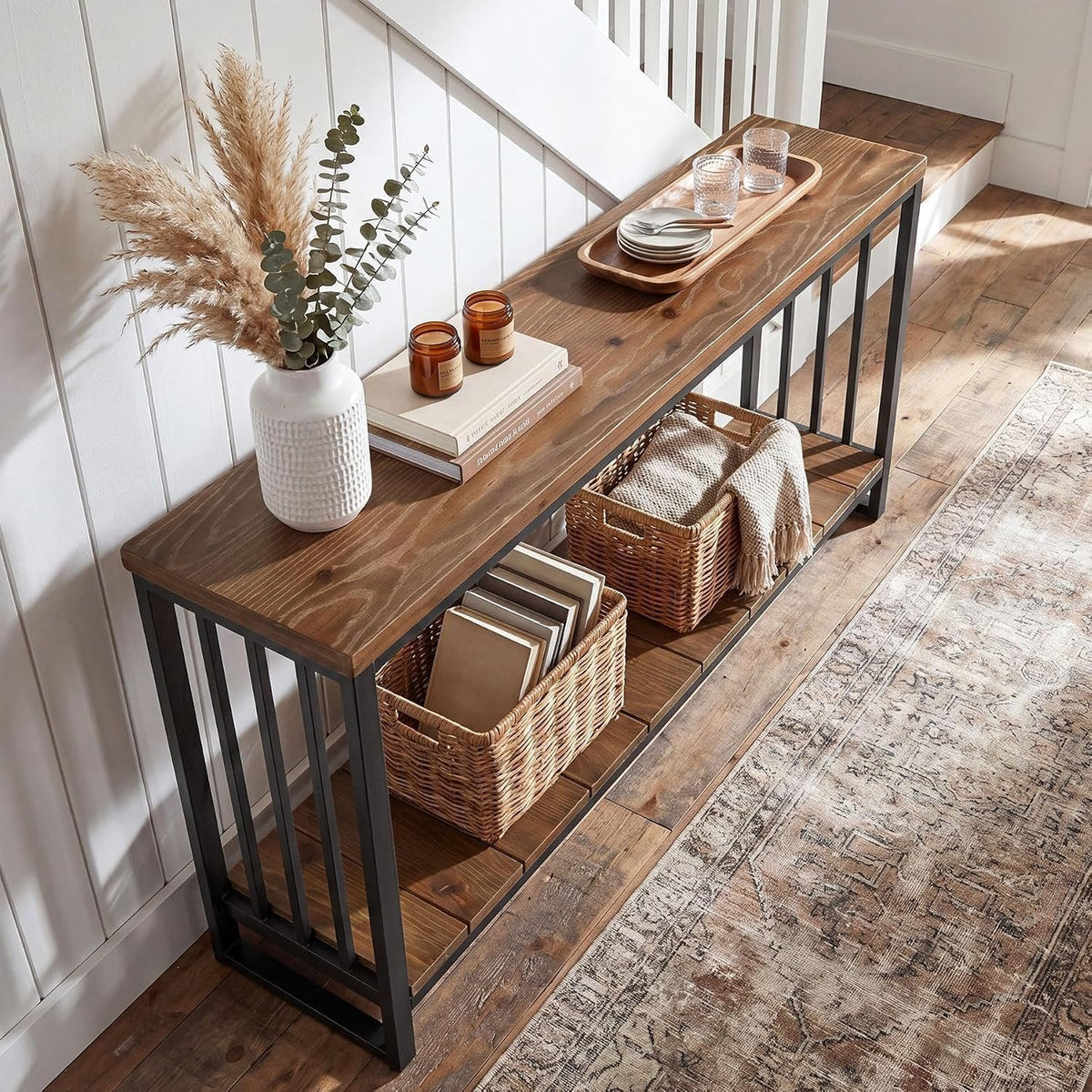 Tribesigns Mesa consola de madera maciza de 140 cm, Mesa estrecha para recibidor de estilo rústico con estante