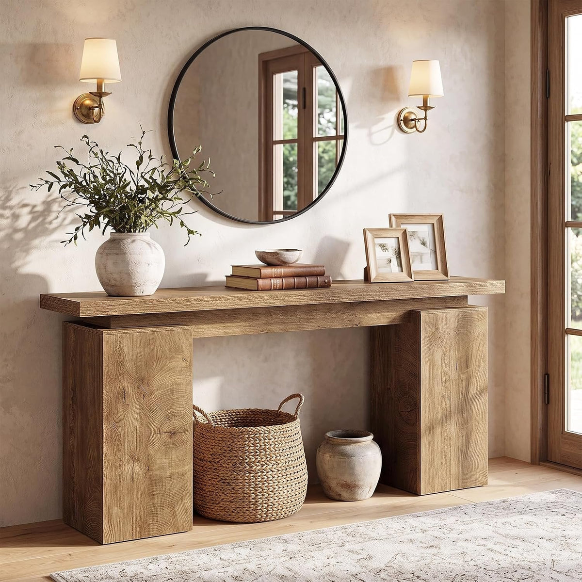 Tribesigns Mesa consola estrecha con estructura geométrica, Mesa de recibidor con acabado en madera