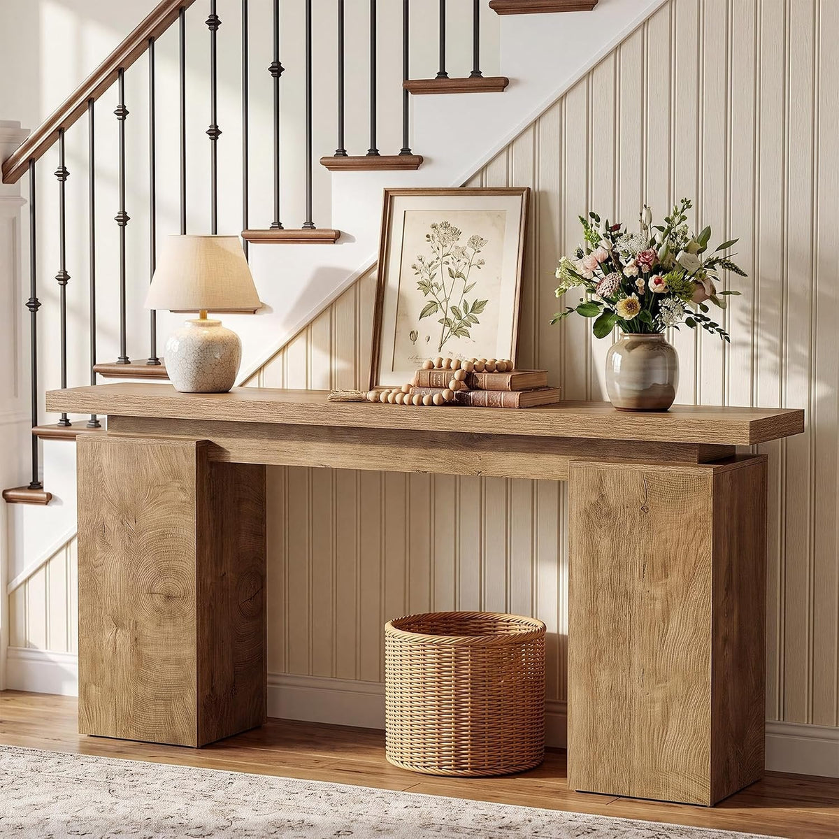 Tribesigns Mesa consola estrecha con estructura geométrica, Mesa de recibidor con acabado en madera