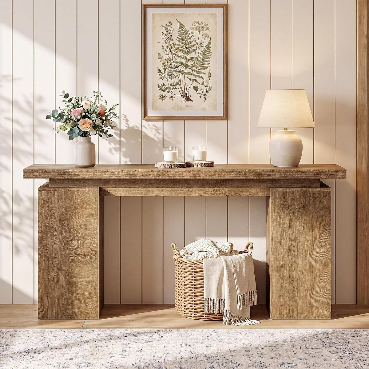 Tribesigns Mesa consola estrecha con estructura geométrica, Mesa de recibidor con acabado en madera
