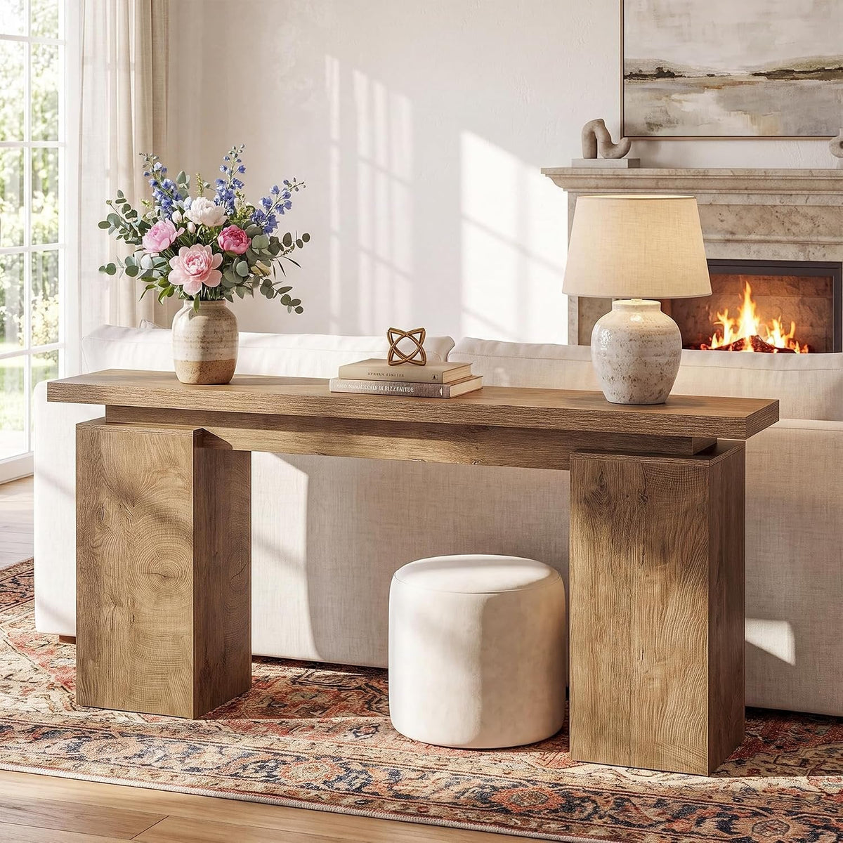 Tribesigns Mesa consola estrecha con estructura geométrica, Mesa de recibidor con acabado en madera