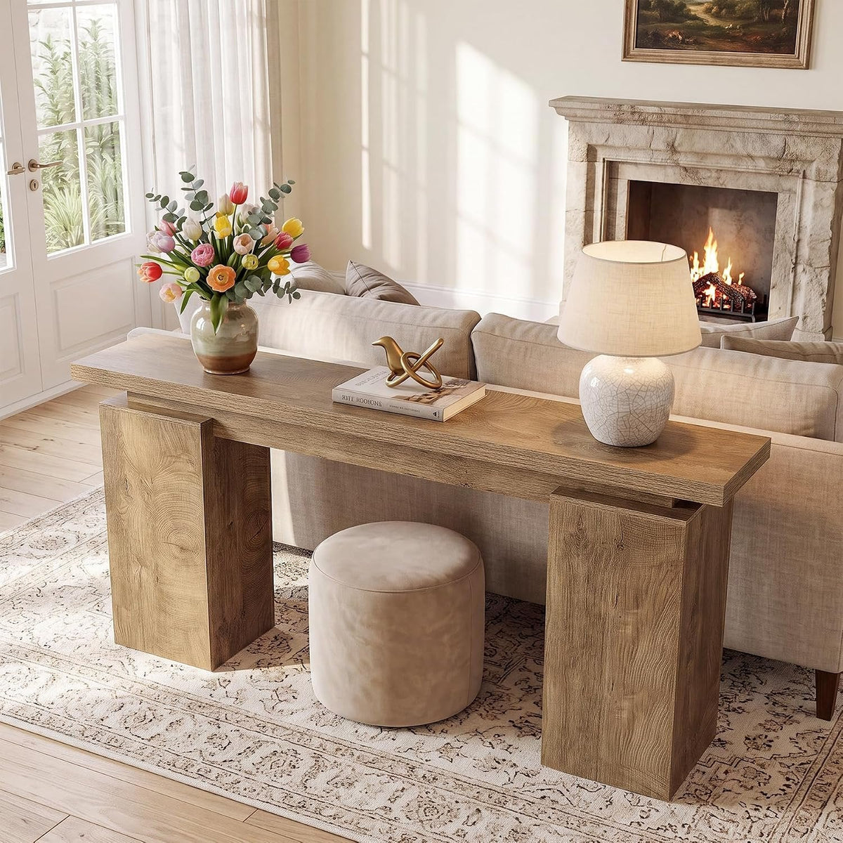 Tribesigns Mesa consola estrecha con estructura geométrica, Mesa de recibidor con acabado en madera