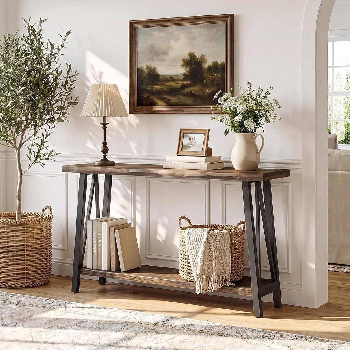 Tribesigns Mesa consola con borde natural 2 niveles, Tablero de madera y estructura metálica de estilo industrial