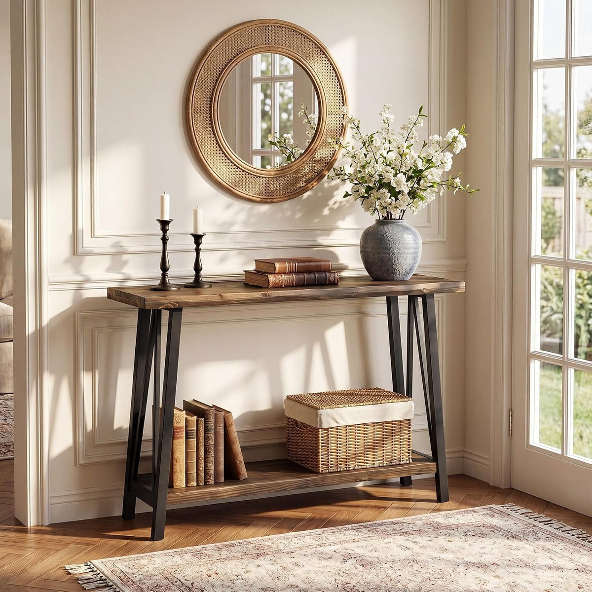 Tribesigns Mesa consola con borde natural 2 niveles, Tablero de madera y estructura metálica de estilo industrial