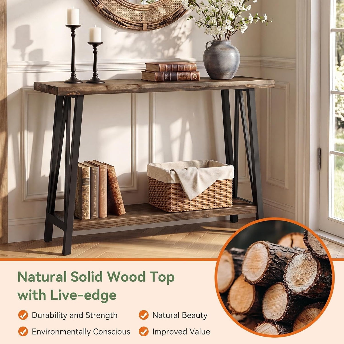 Tribesigns Mesa consola con borde natural 2 niveles, Tablero de madera y estructura metálica de estilo industrial
