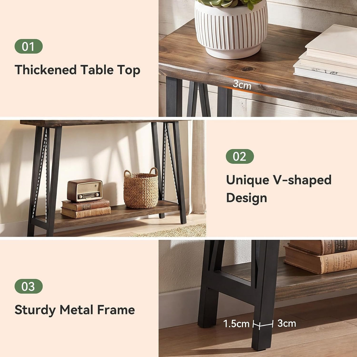 Tribesigns Mesa consola con borde natural 2 niveles, Tablero de madera y estructura metálica de estilo industrial