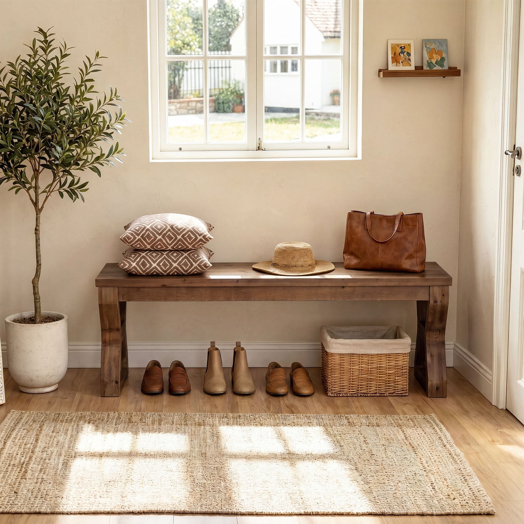 Tribesigns Banco de madera maciza de 140 cm con patas en forma de X, Banco zapatero para el recibidor con almacenamiento abierto