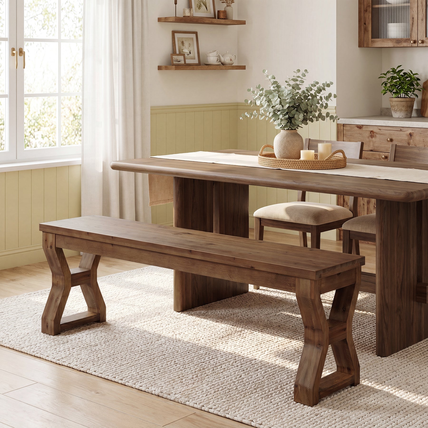 Tribesigns Banco de madera maciza de 140 cm con patas en forma de X, Banco zapatero para el recibidor con almacenamiento abierto