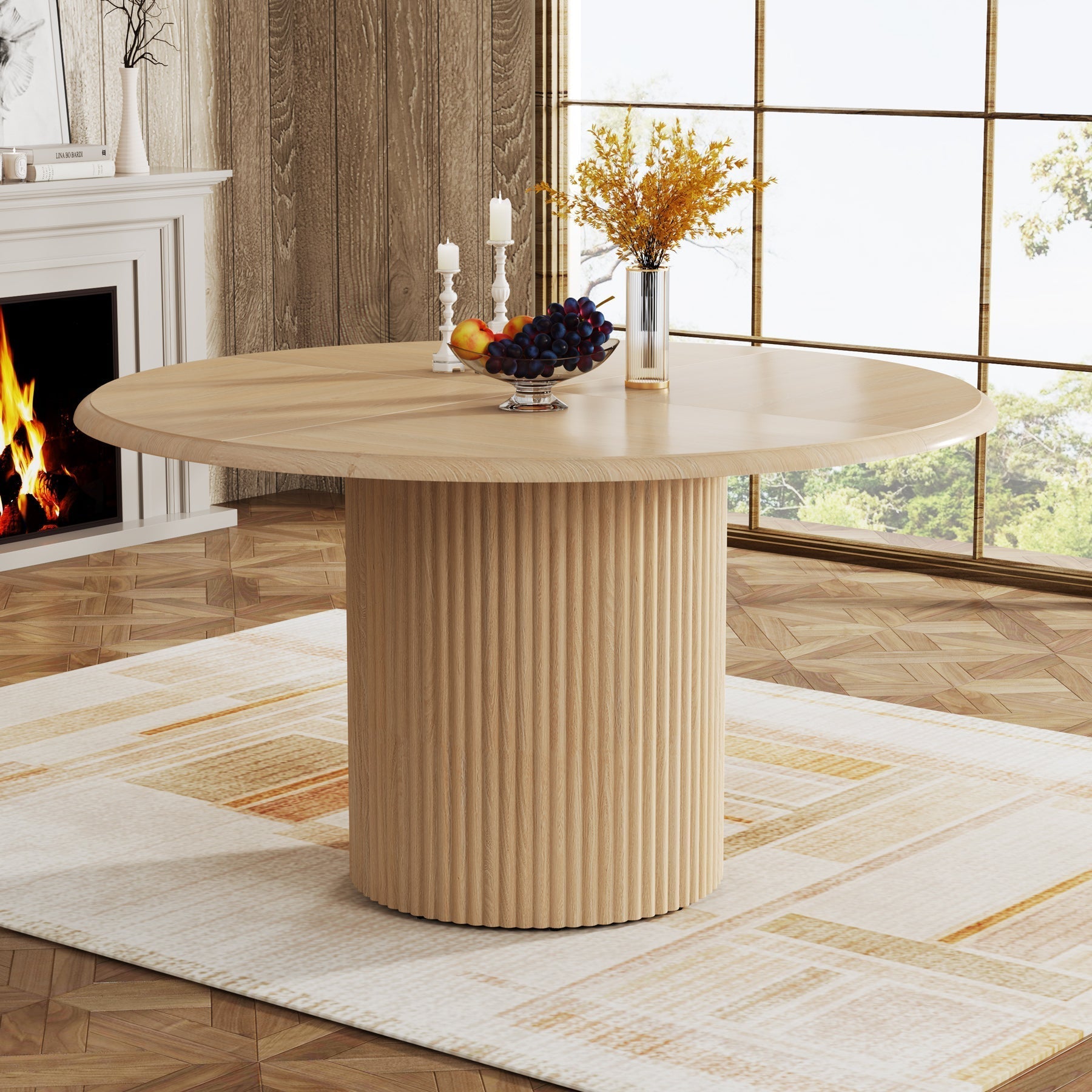 Tribesigns Mesa de comedor redonda de 120 cm, Estilo rústico con base de metal para 4 personas