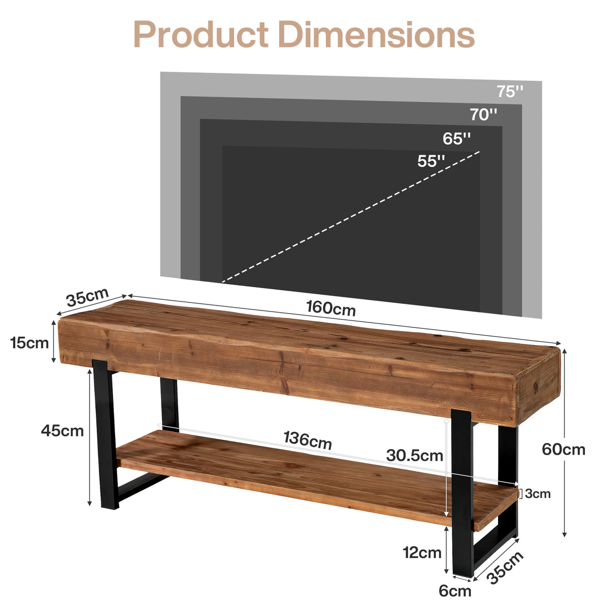 Tribesigns Mueble para TV de madera maciza para televisores, Centro de entretenimiento de estilo industrial de 2 niveles con estructura metálica