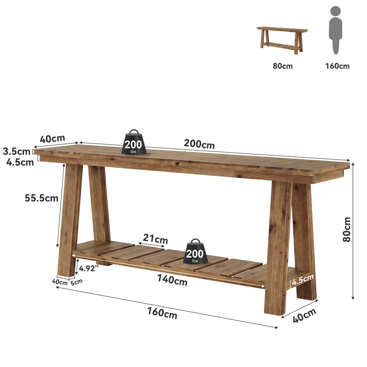 Tribesigns Mesa consola de madera maciza de 200 cm, Mesa de entrada estrecha con 2 estantes