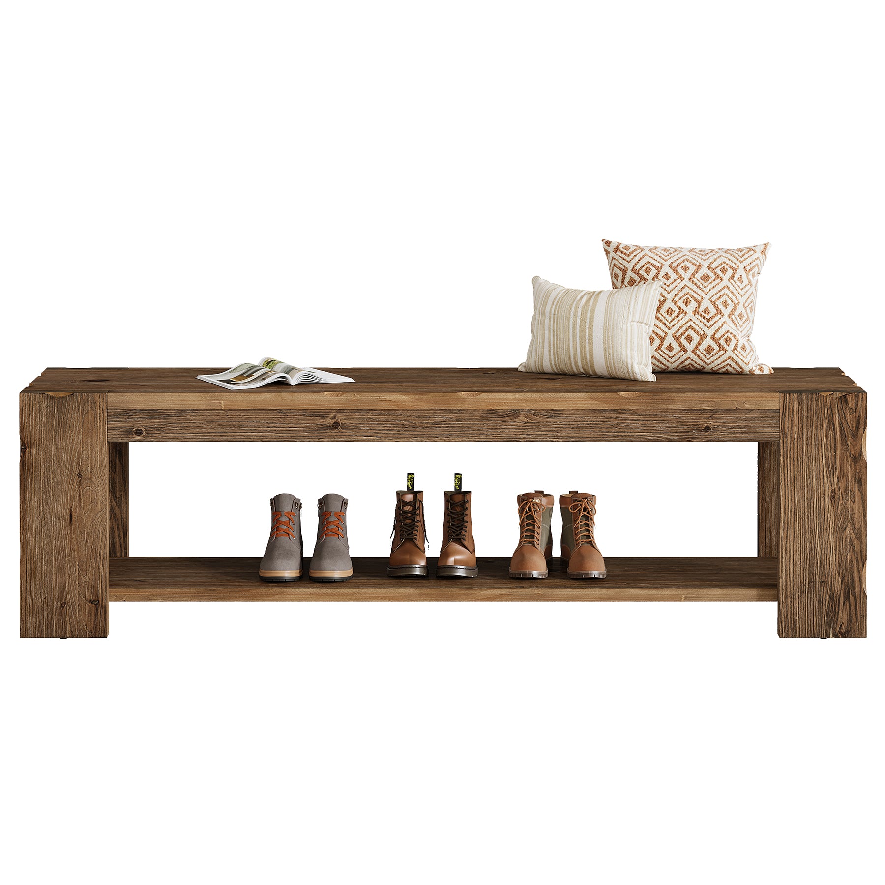 Banco de entrada de madera maciza con estante 140 cm, Banco zapatero de 2 niveles, ideal para la entrada, el pasillo, el dormitorio o el salón