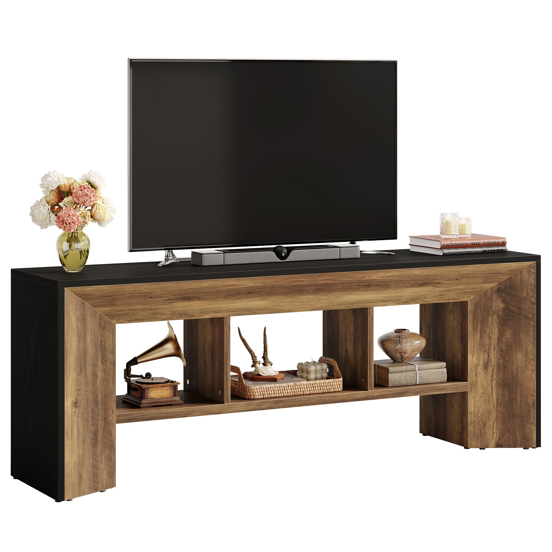 Mueble para TV de 160 cm, Mueble multimedia de 3 compartimentos para salón