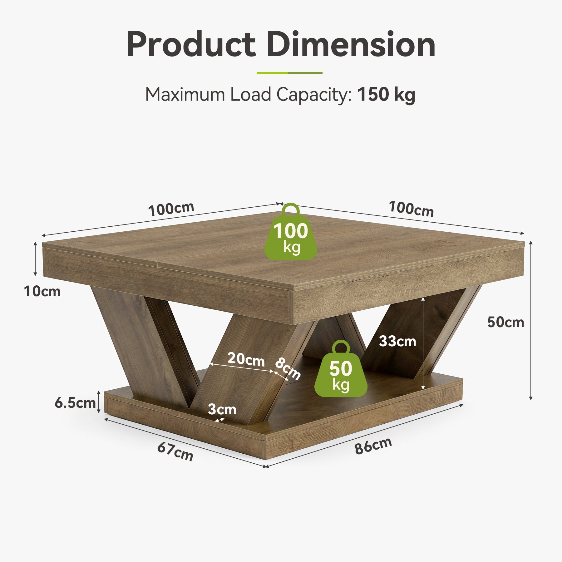 Tribesigns Mesa de centro cuadrada de 100x100 cm, Mesa de salón de 2 niveles de estilo rústico con estante de almacenamiento