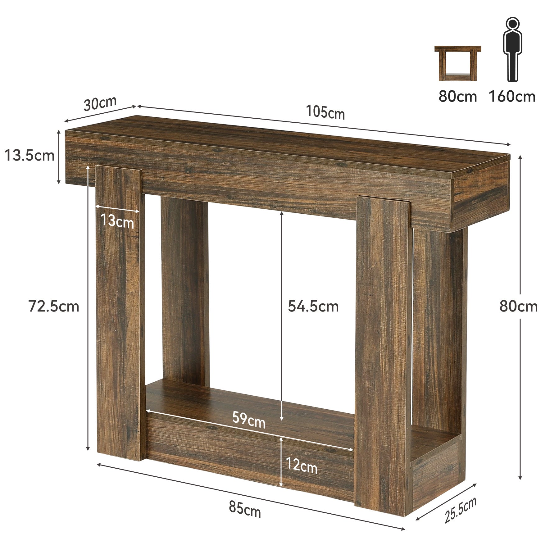 Mesa consola de 105 cm con estante, Mesa estrecha de estilo rústico para recibidor y salón