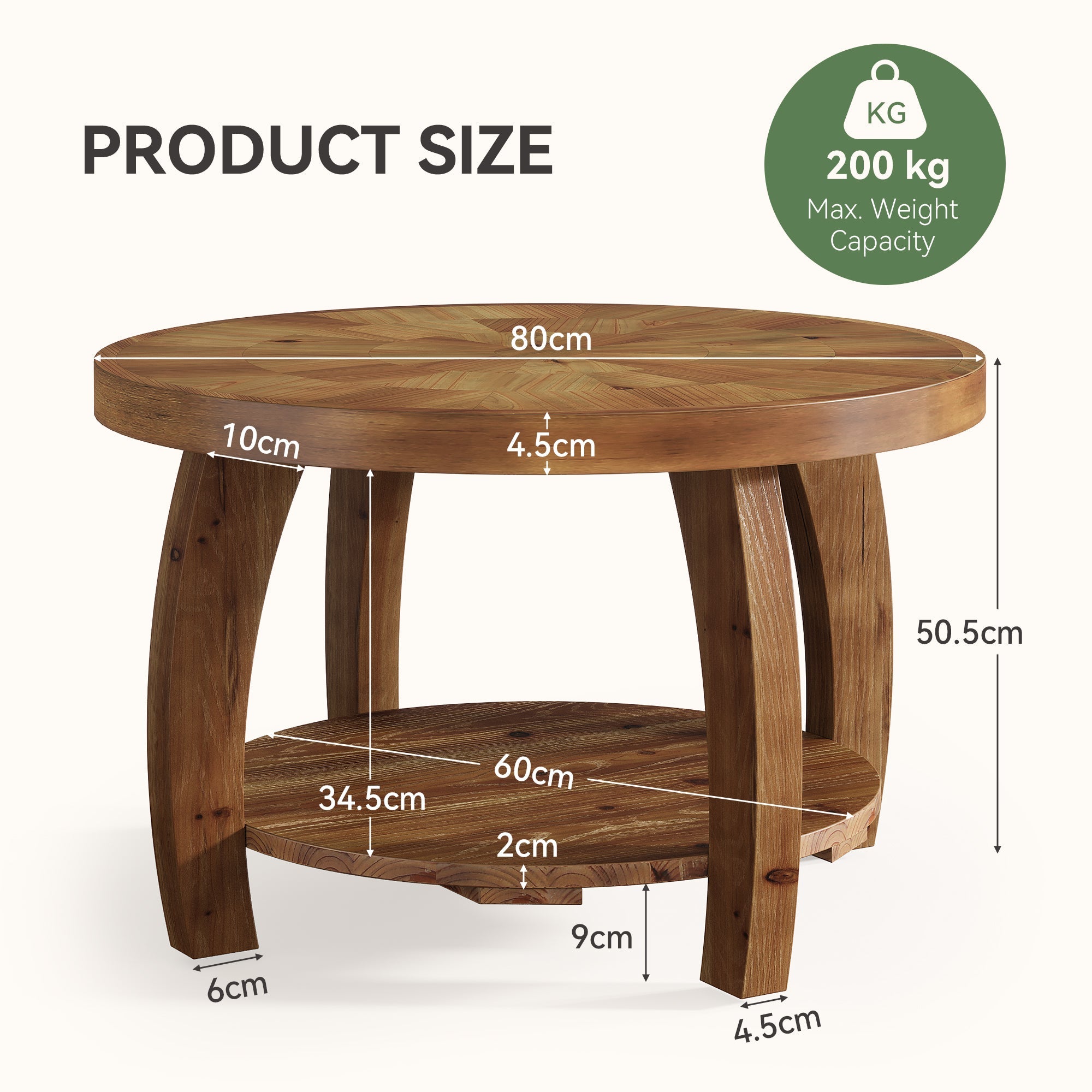 Mesa de centro redonda de madera maciza de 80 cm, Mesa auxiliar de 2 niveles con estampado de mosaico y estante inferior
