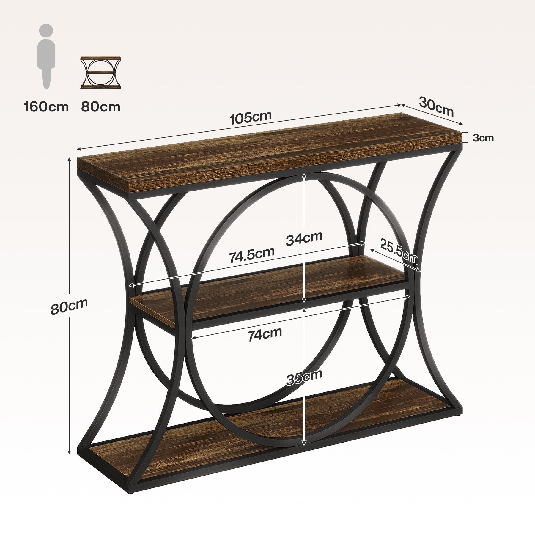 Tribesigns Mesa consola industrial de 105 cm, Mesa auxiliar de 3 niveles con estructura arqueada