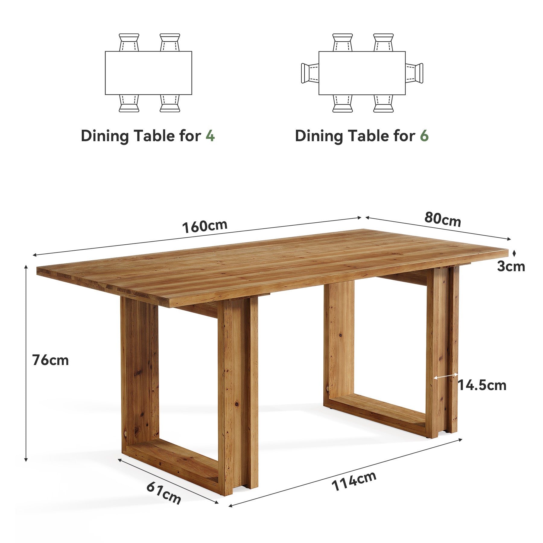 Mesa de comedor de madera maciza de 160 cm para 4-6 personas, Mesa de cocina rectangular de estilo rústico con patas robustas