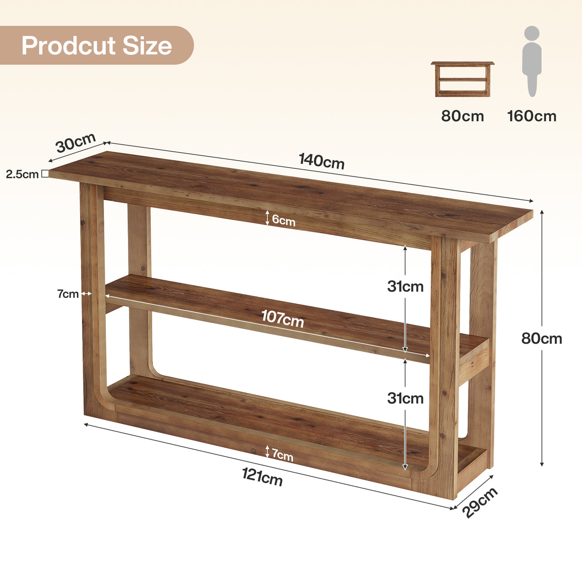 Mesa consola con 3 niveles, Mesa auxiliar estrecha de madera maciza para el pasillo Mesa de estilo rústico en color roble con estantes abiertos