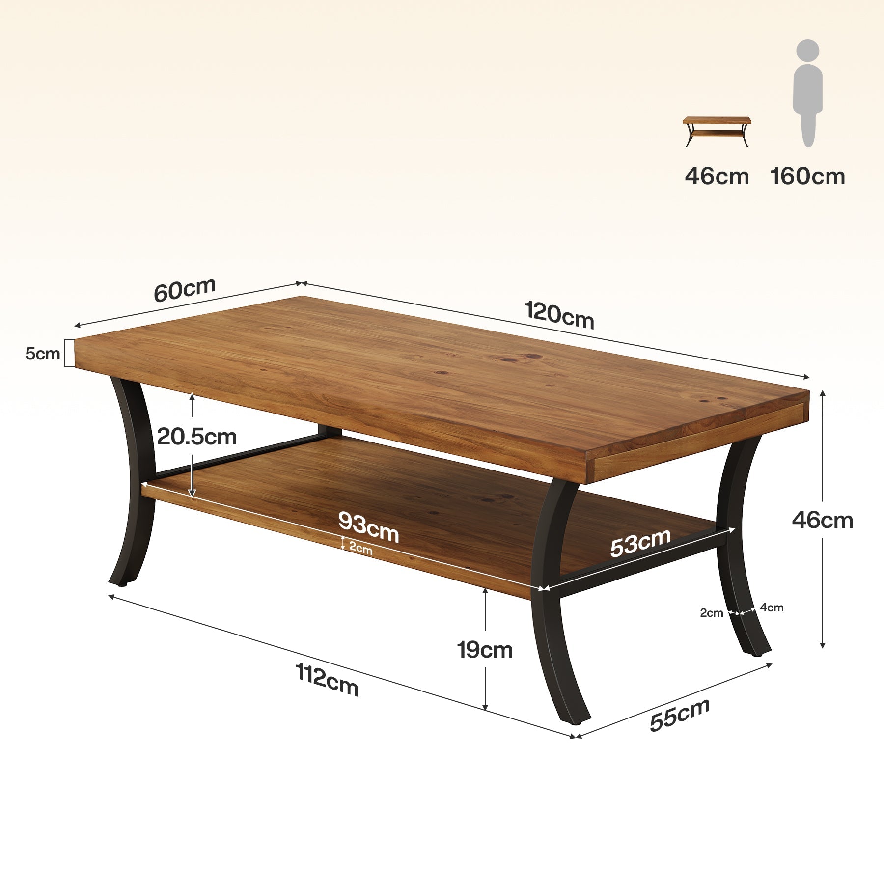 Tribesigns Mesa de centro de madera maciza de 120 cm con estante, Mesa de salón de 2 niveles con patas metálicas curvas