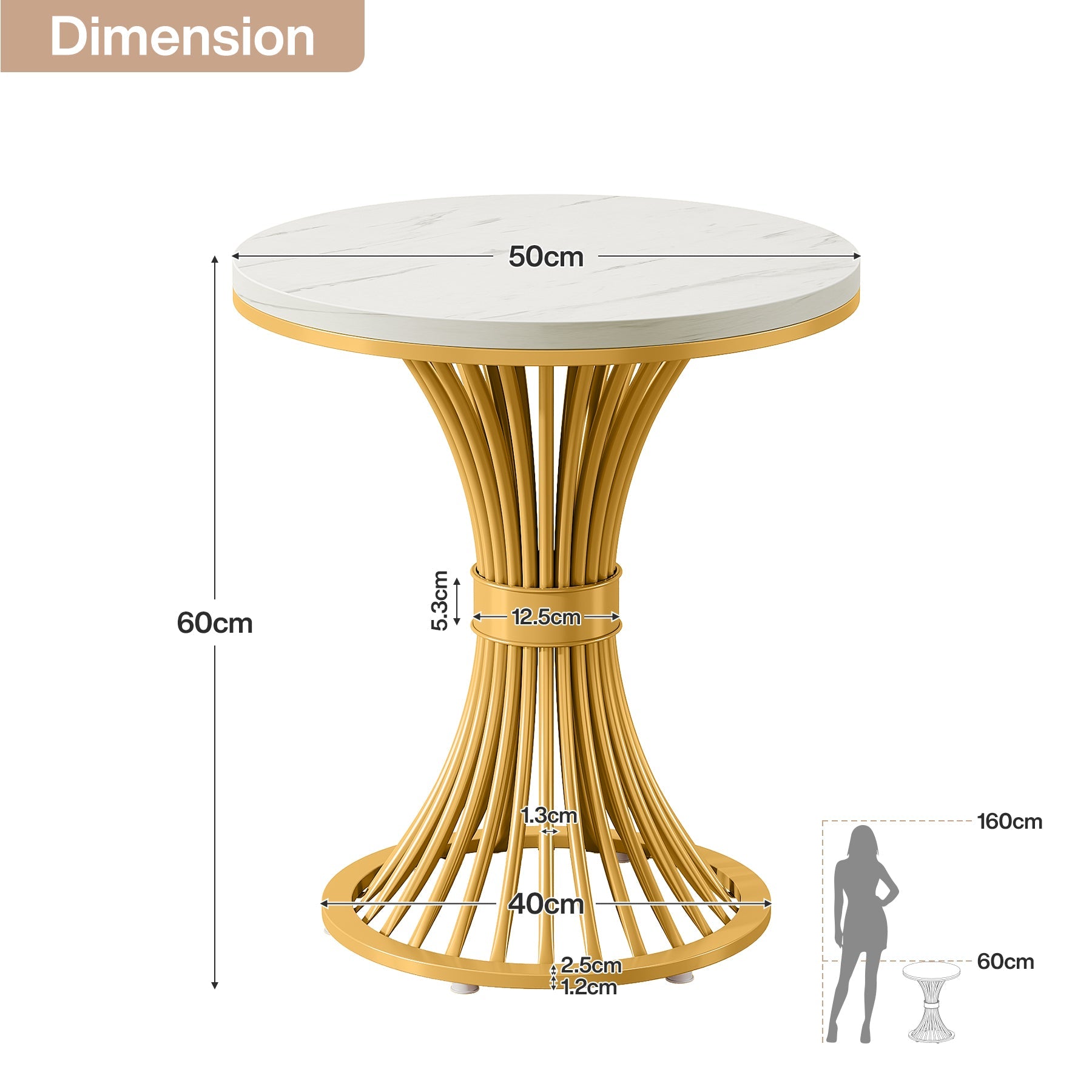 Tribesigns Mesa auxiliar redonda de 50 cm con superficie de mármol, Blanca y base de metal dorado