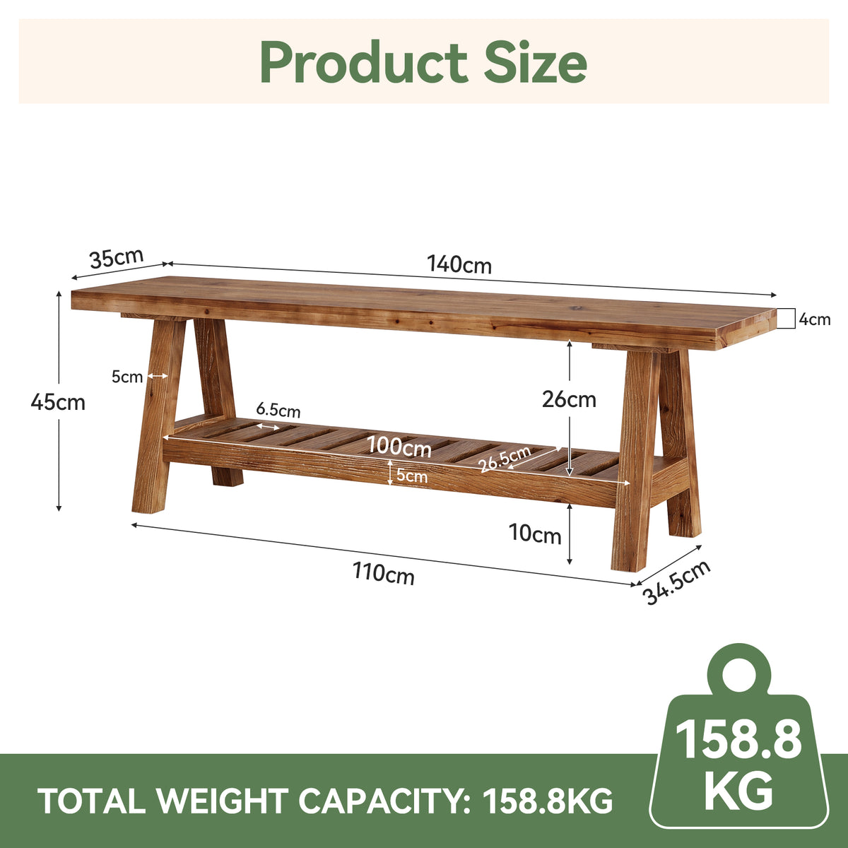 Banco de madera maciza de 140 cm para recibidor con estante y espacio para guardar zapatos