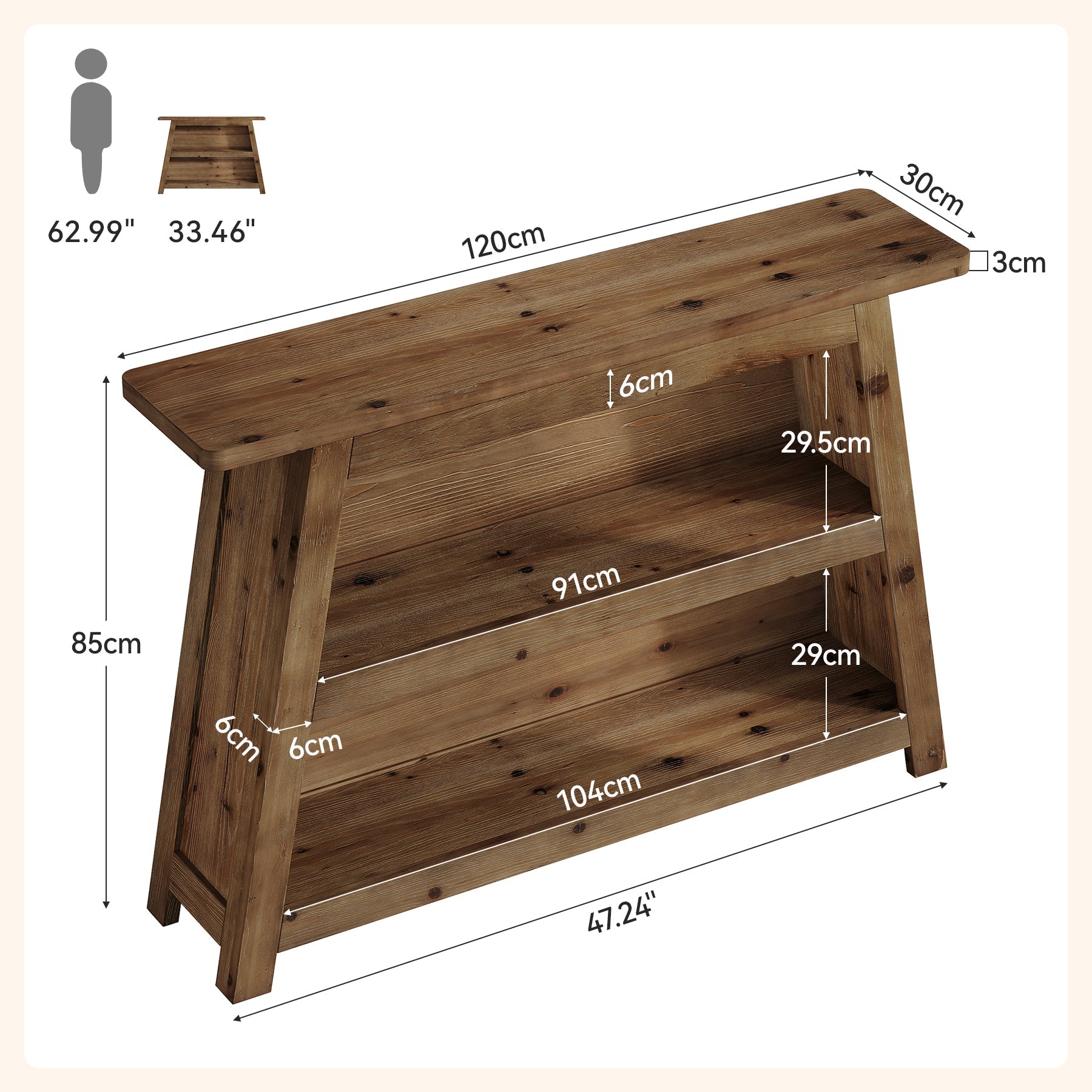 Tribesigns Mesa consola de madera maciza de 120 cm, Mesa de recibidor de 3 niveles de estilo rústico con estantes