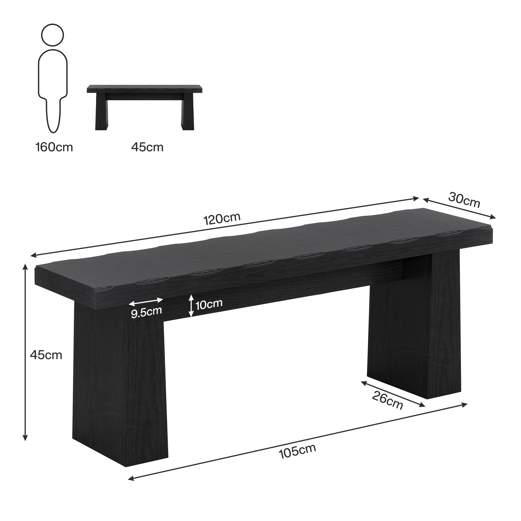Banco negro de 120 cm, Banco de madera moderno, Banco de comedor versátil con diseño minimalista