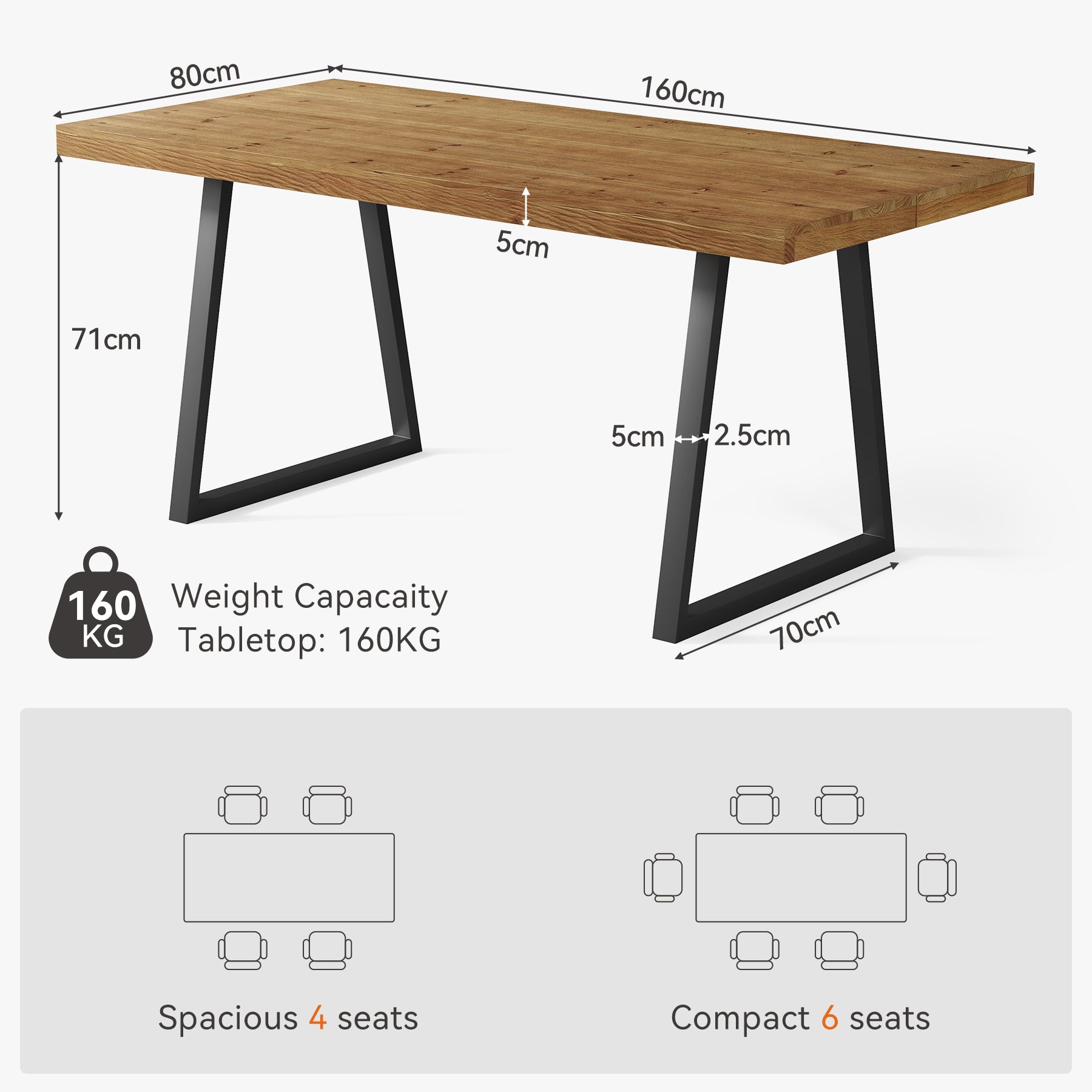 Tribesigns Mesa de comedor industrial de 160 cm rectangular de madera maciza