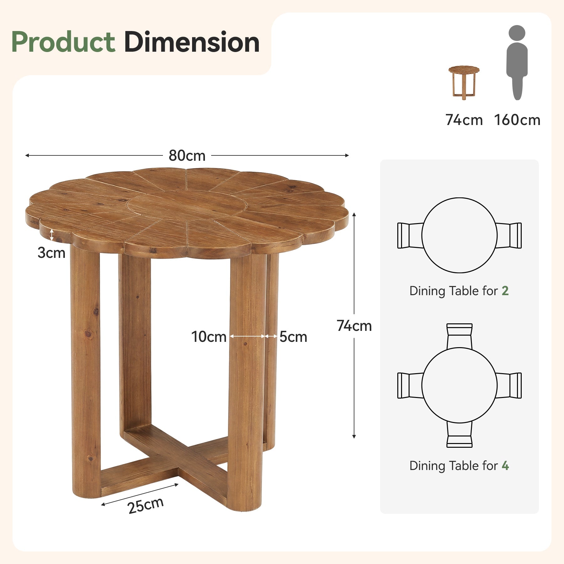 Mesa de comedor redonda de madera maciza de 80 cm para 2-4 personas, Estilo rústico con diseño floral tallado